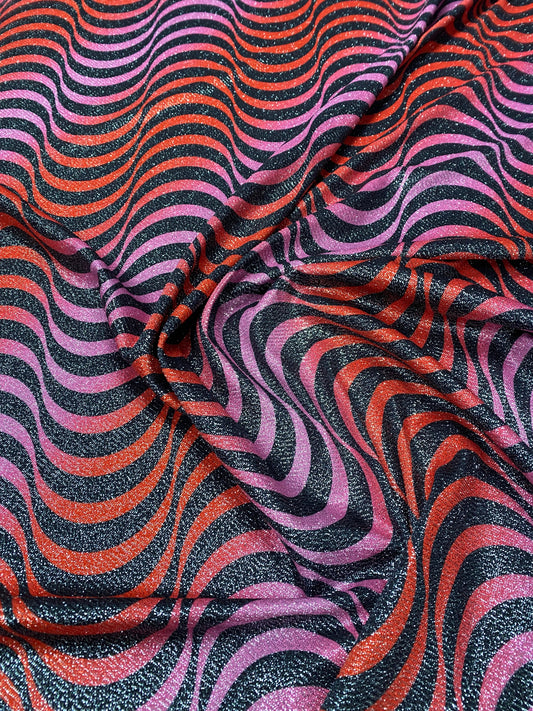 Red and Purple Wave Lurex Fabric with Metallic Shine