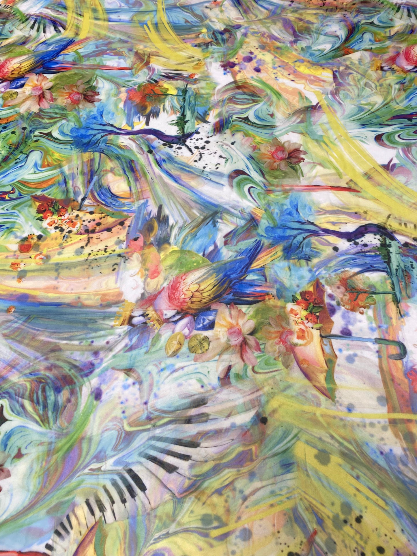 Colorful Bird and Piano Print Fabric by the Metre