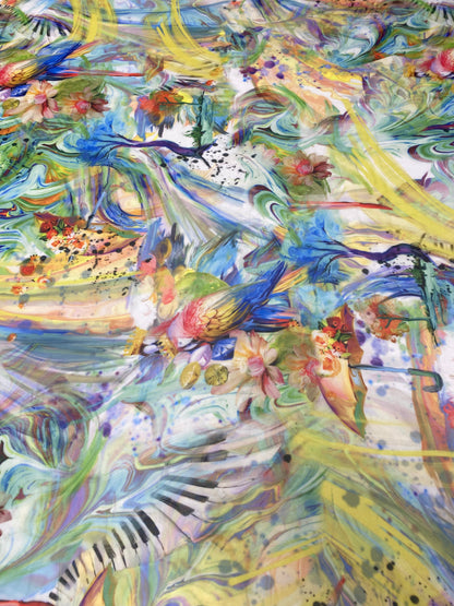 Colorful Bird and Piano Print Fabric by the Metre