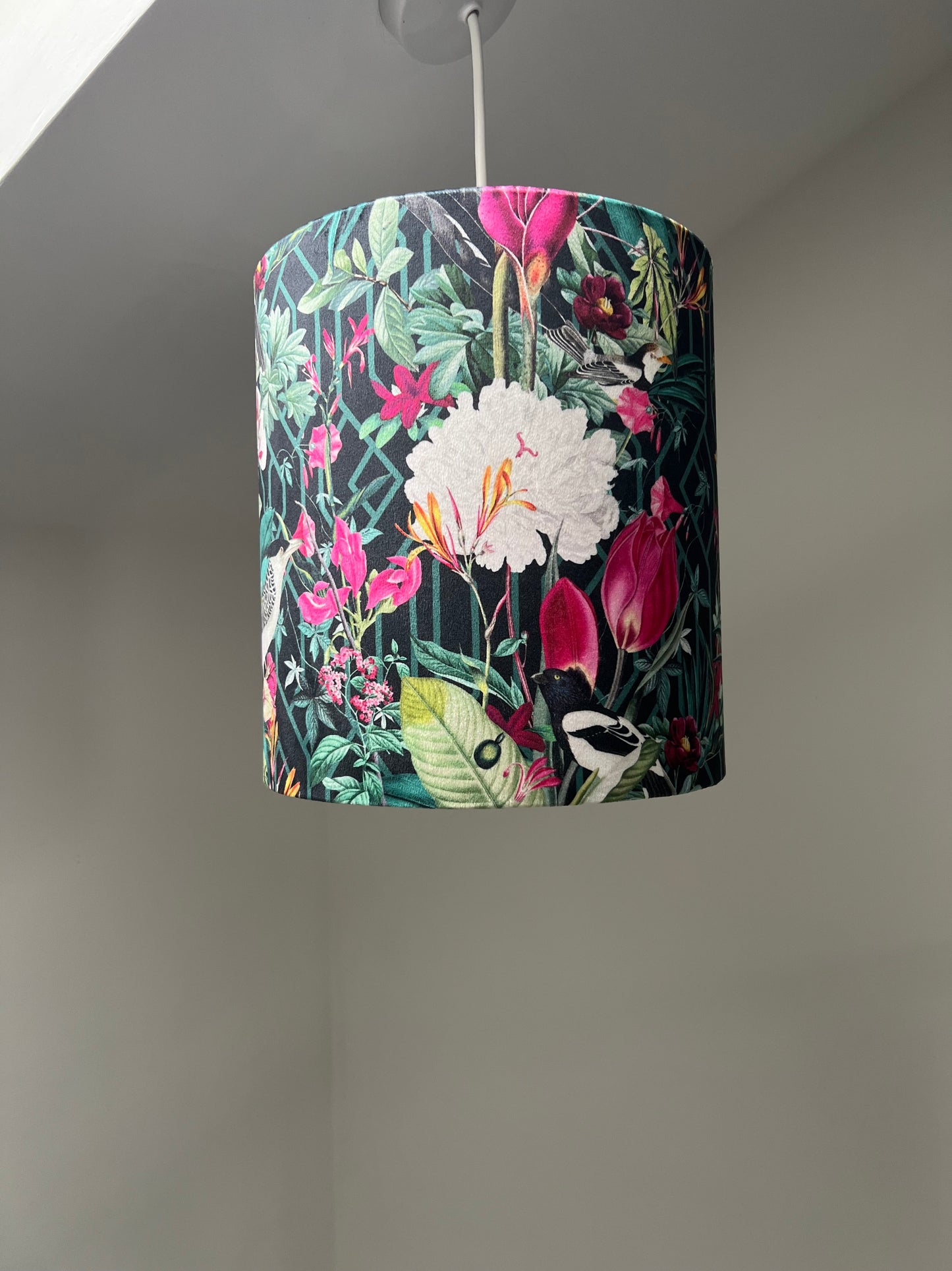 Botanical geometric black velvet lampshade / ceiling shade, with a white lining