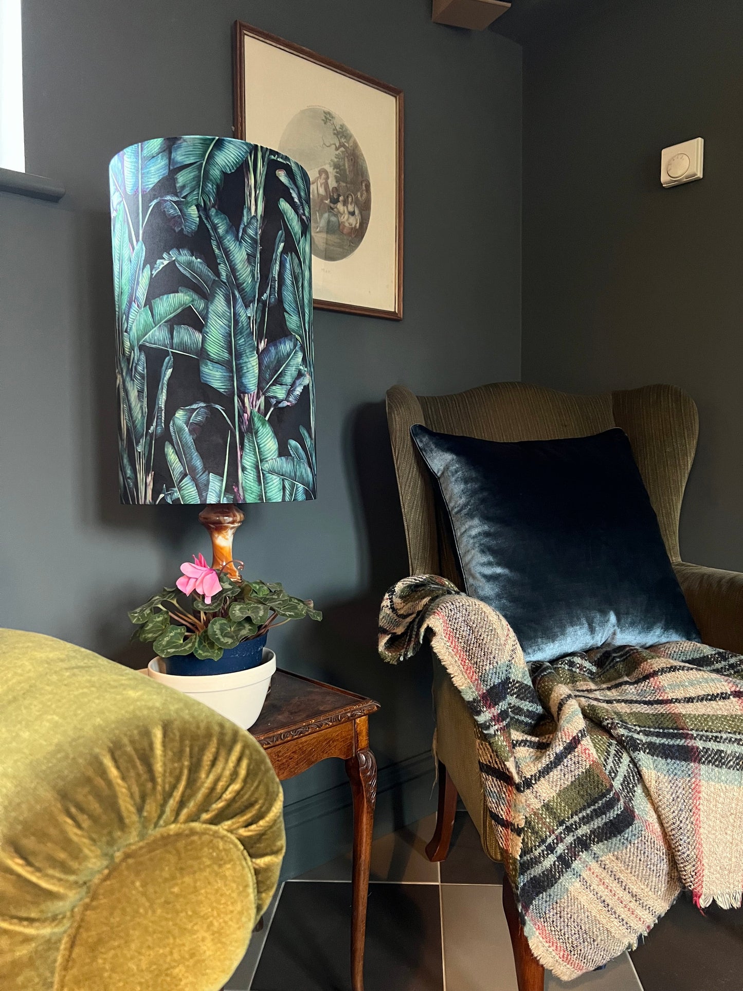Leaves Velvet cylinder lampshade, in black, extra tall lampshade