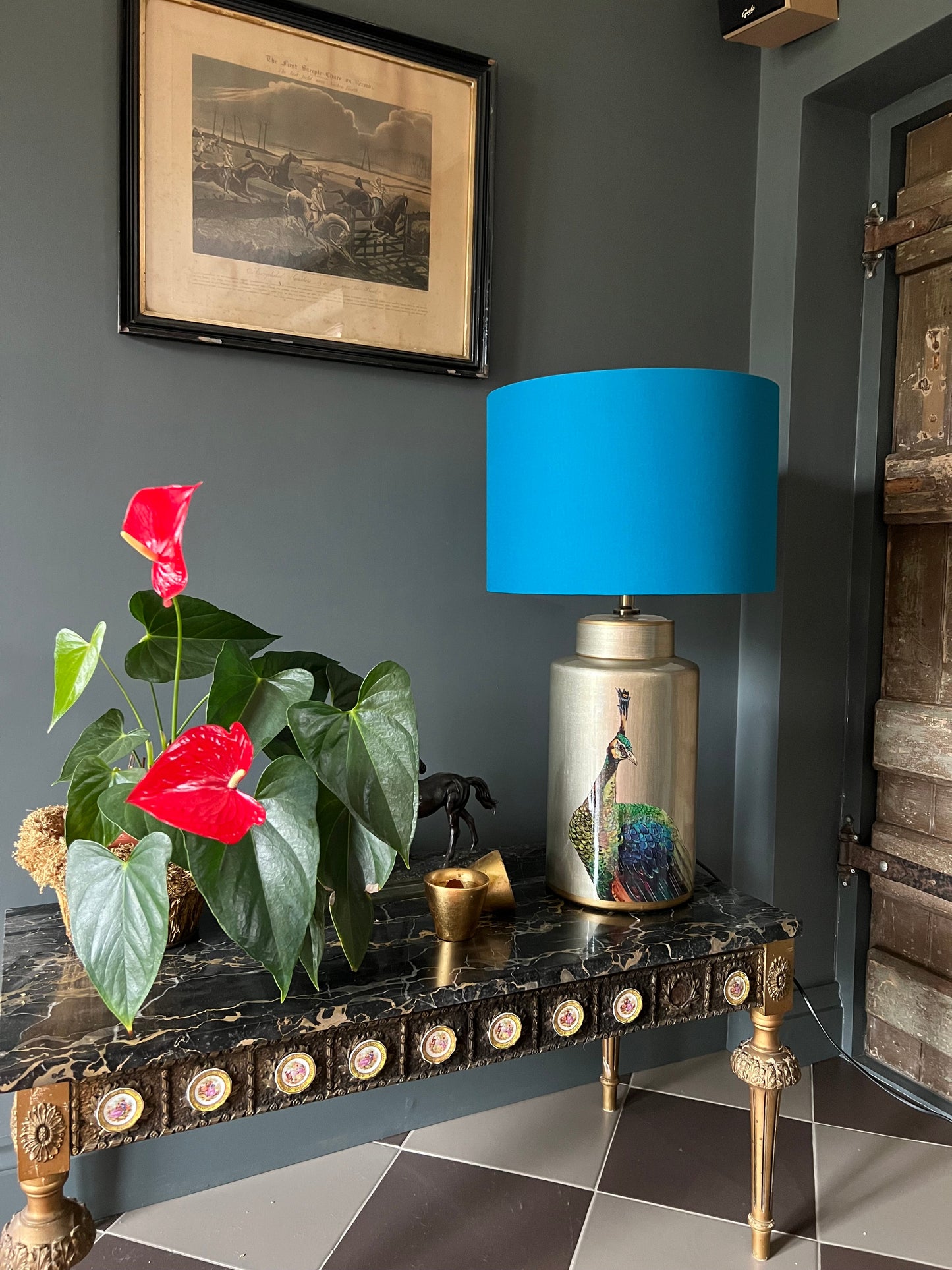 Teal cotton drum lampshade/ ceiling shade with a white lining