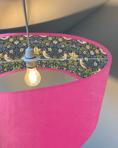 Hot Pink Velvet & Navy Strawberry Thief Double Sided Drum Lampshade | Handmade Ceiling Light Shade | Bespoke UK