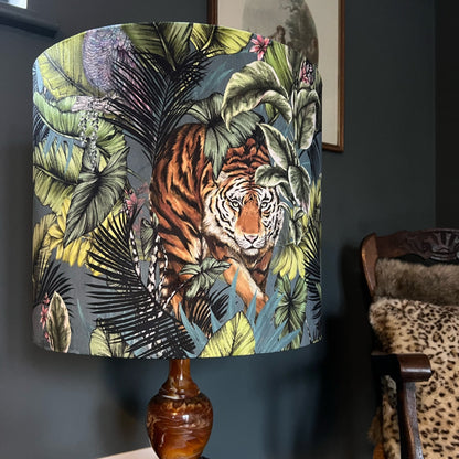 Bengal tiger velvet, drum lampshade /ceiling shade with a white lining