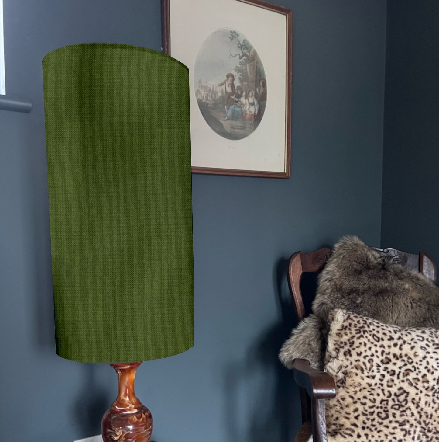 Olive Cotton Lampshade | Extra Tall Cylinder Ceiling Light Shade | Bespoke Handmade UK