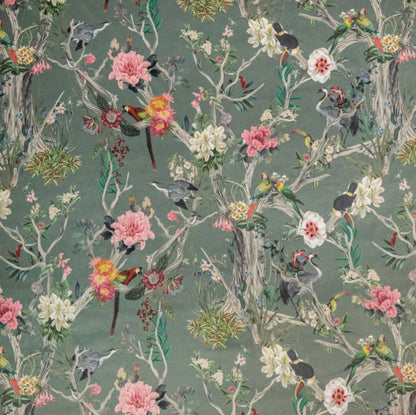 Birds velvet cylinder lampshade, in grey, extra tall lampshade