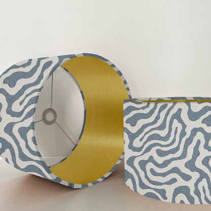 Blue wiggle drum lampshade/ ceiling shade with a metallic brushed gold lining