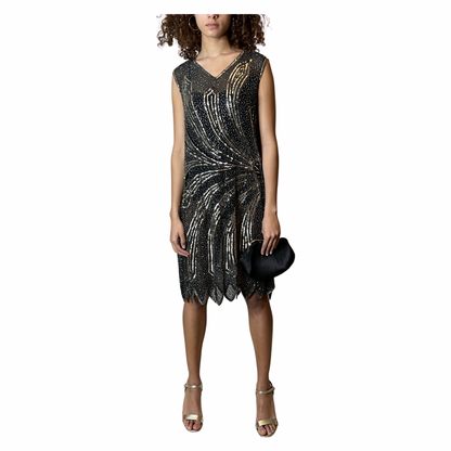 Vintage Black & Silver Sequin Flapper Dress Uk 10 - 12