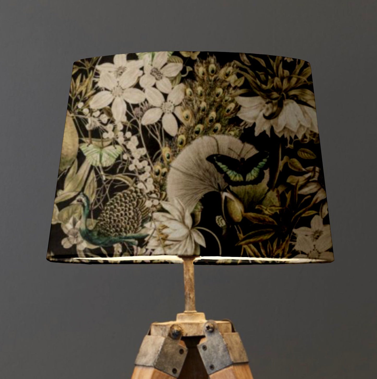 Black Peacock Butterfly Velvet Lampshade | French Drum Ceiling Light Shade | Bespoke Handmade Empire Lampshade