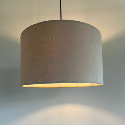 Cream velvet drum lampshade, double sided lampshade, with William Morris blue leaves cotton interior