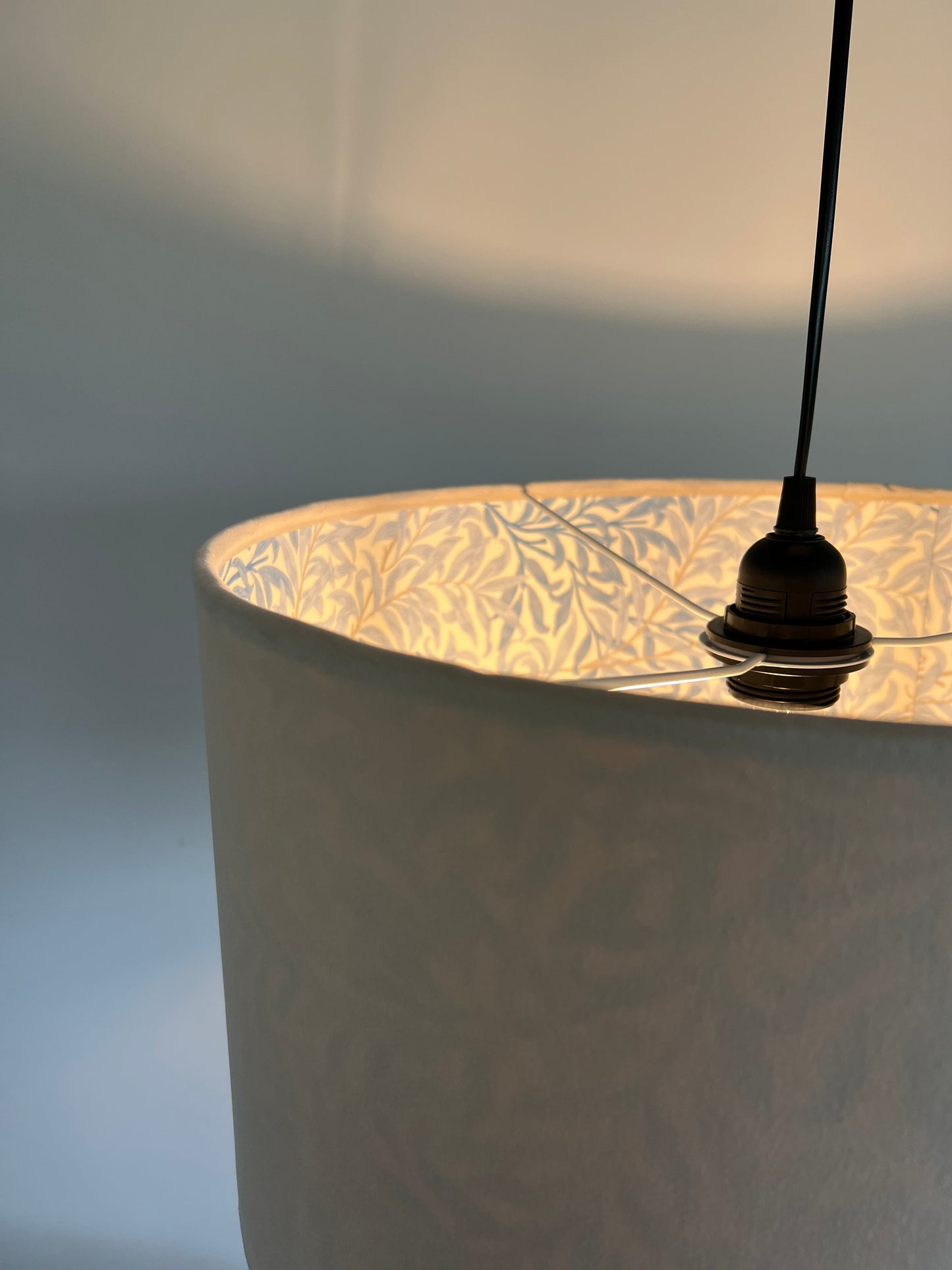 Cream velvet drum lampshade, double sided lampshade, with William Morris blue leaves cotton interior