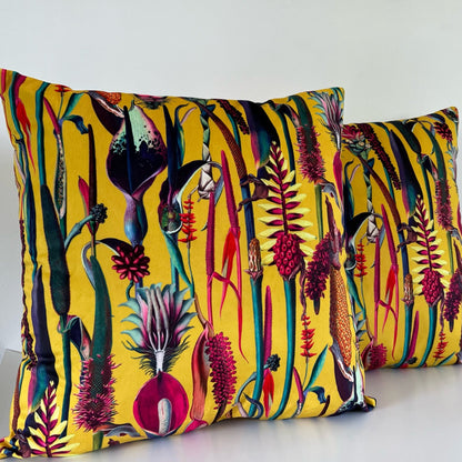 Botanical mustard velvet throw cushion