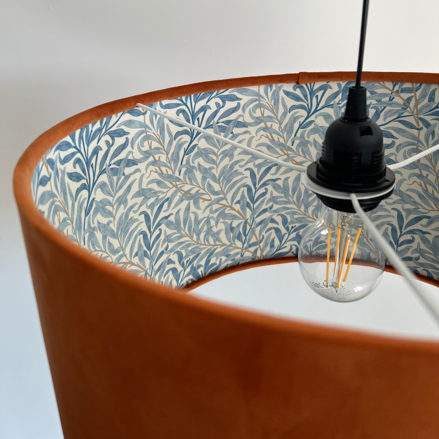 Burnt orange velvet drum lampshade, double sided lampshade, with William morris blue leaves cotton interior