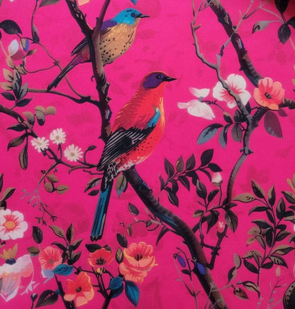 Hot Pink Birds Velvet Lampshade | Extra Tall Cylinder Ceiling Light Shade | Bespoke Handmade UK