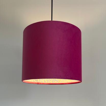 Hot Pink Velvet drum lampshade, double sided lampshade, with William Morris blue leaves cotton interior