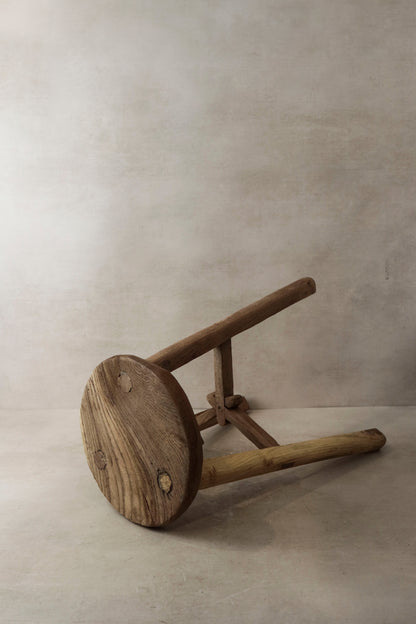 Vintage Rustic Elm Wood Stool - Round - No 1