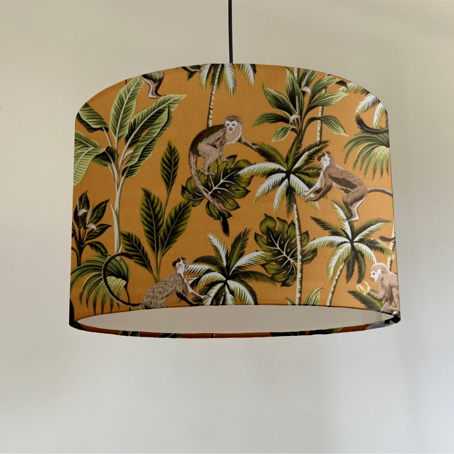 Jungle monkey cotton, in mustard, drum lampshade /ceiling shade with a white lining