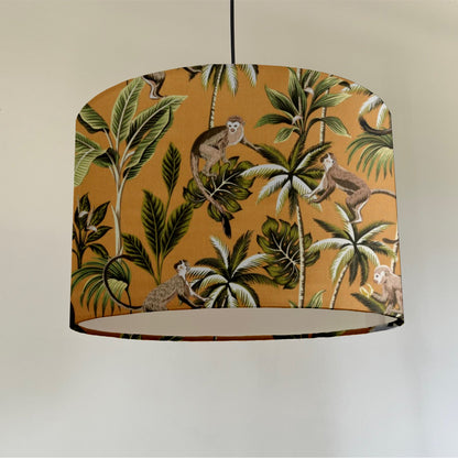 Jungle monkey cotton, in mustard, drum lampshade /ceiling shade with a white lining