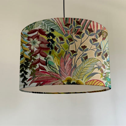 Floral pastel velvet, drum lampshade /ceiling shade with a white lining