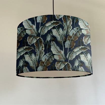 Navy leaves velvet, drum lampshade /ceiling shade with a white lining