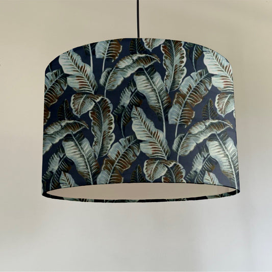 Navy leaves velvet, drum lampshade /ceiling shade with a white lining