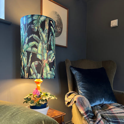 Leaves Velvet cylinder lampshade, in black, extra tall lampshade
