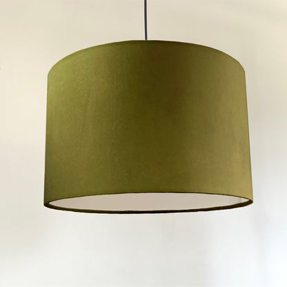 Olive velvet drum lampshade/ ceiling shade with a white lining
