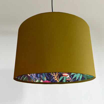 Mustard velvet drum lampshade/ ceiling light shade with wonderland paper interior