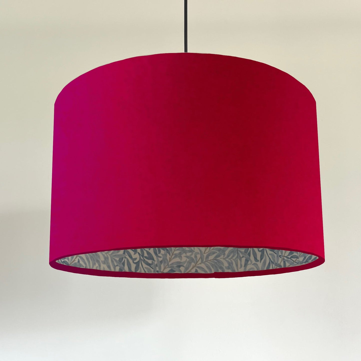 Cerise pink velvet drum lampshade, double sided lampshade, with William Morris blue leaves cotton interior
