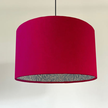 Cerise pink velvet drum lampshade, double sided lampshade, with William Morris blue leaves cotton interior