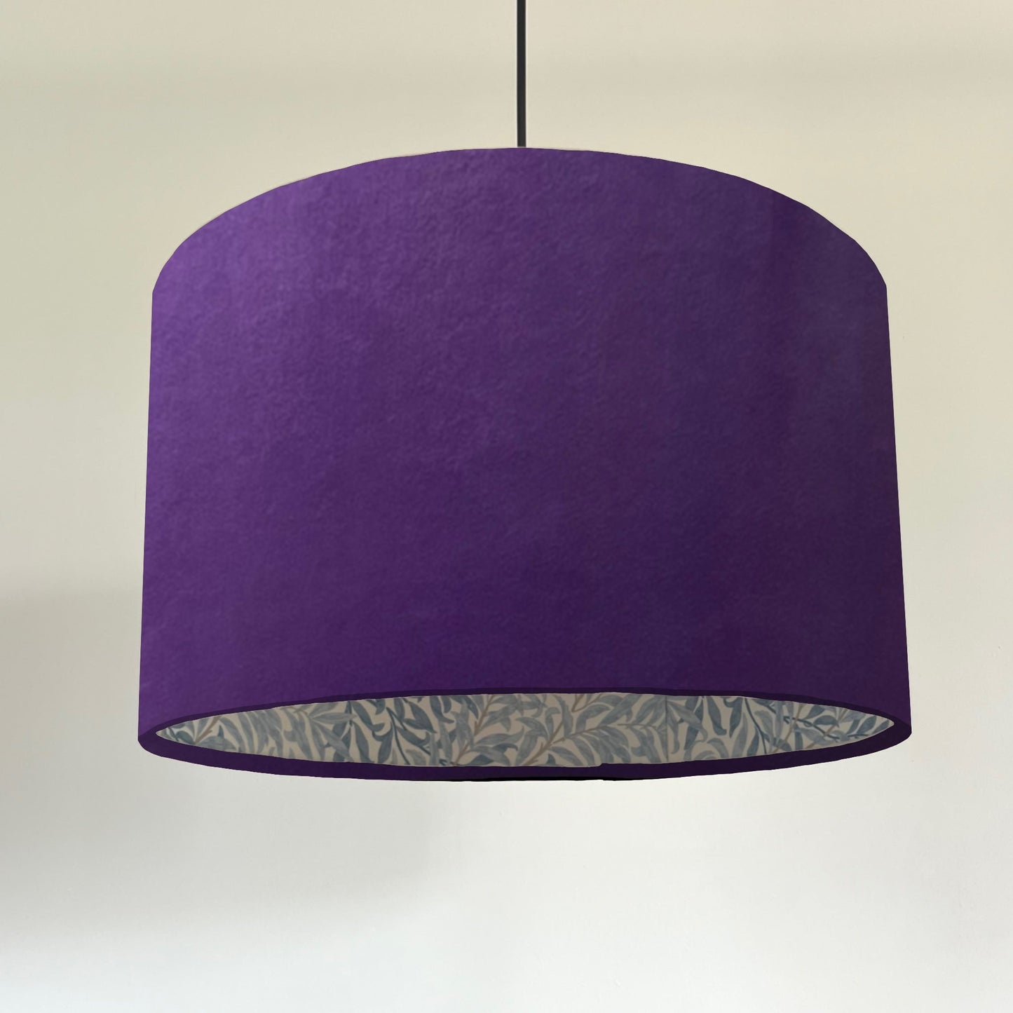 Purple Velvet & William Morris Blue Willow Leaves Double Sided Drum Lampshade | Handmade Ceiling Light Shade | Bespoke UK