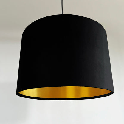 Black velvet drum lampshade/ ceiling shade with a metallic brushed gold lining