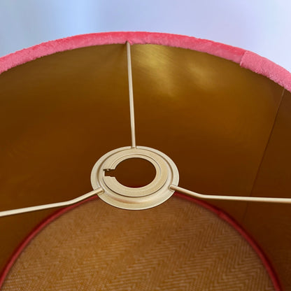 Coral textured velvet drum lampshade/ ceiling shade with a metallic brushed gold lining