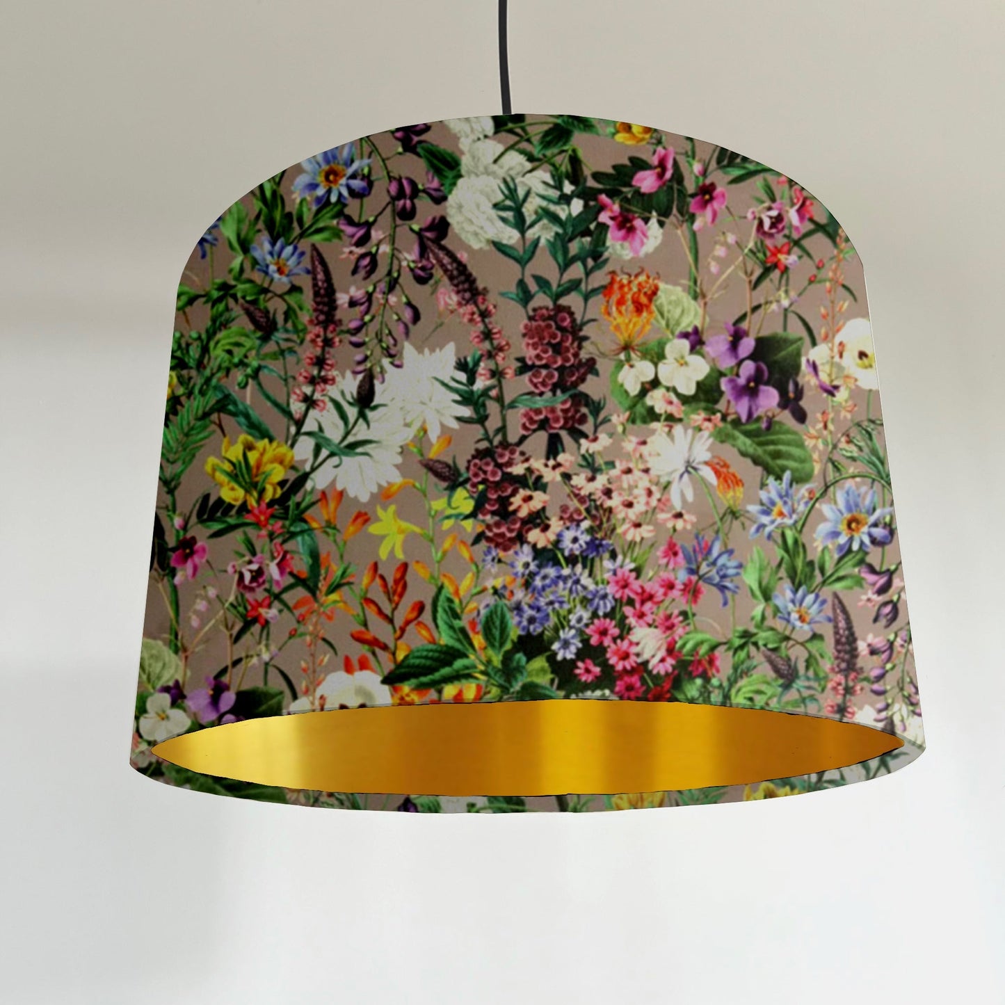 Grey flowers velvet drum lampshade / ceiling shade, with a metallic brushed gold lining