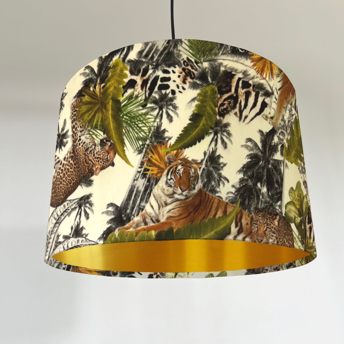 Tropical tiger, cheetah velvet drum lampshade / ceiling shade, with a metallic brushed gold lining
