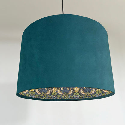 Teal Velvet & Navy Strawberry Thief Double Sided Drum Lampshade | Handmade Ceiling Light Shade | Bespoke UK