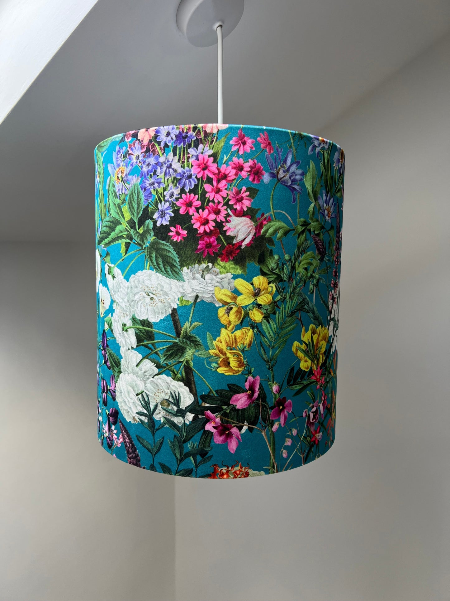 Teal flowers velvet drum lampshade / ceiling shade, with a white lining