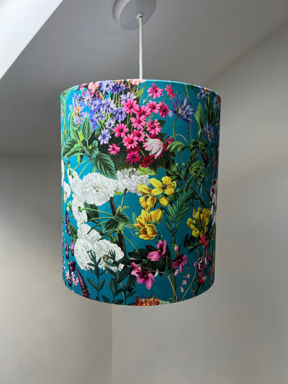 Teal flowers velvet drum lampshade / ceiling shade, with a white lining