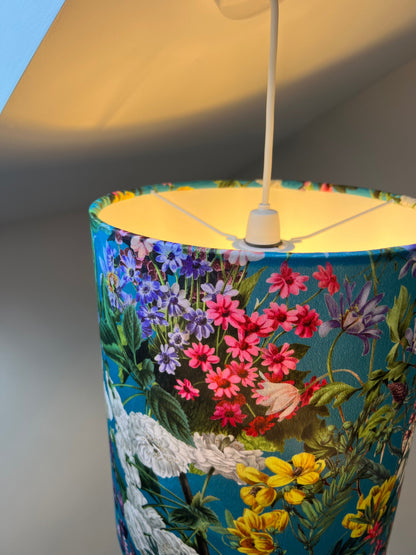 Teal flowers velvet drum lampshade / ceiling shade, with a white lining