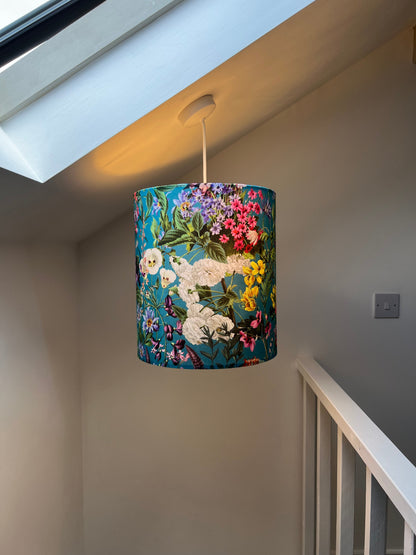 Teal flowers velvet drum lampshade / ceiling shade, with a white lining