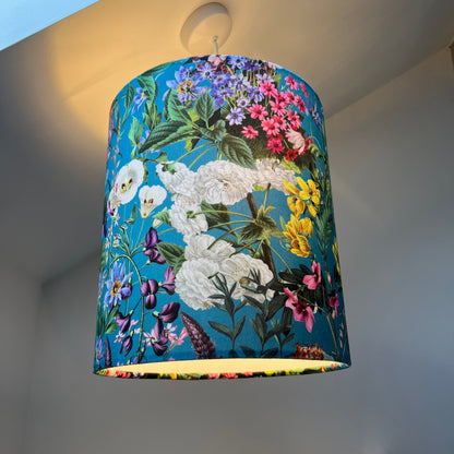 Teal flowers velvet drum lampshade / ceiling shade, with a white lining