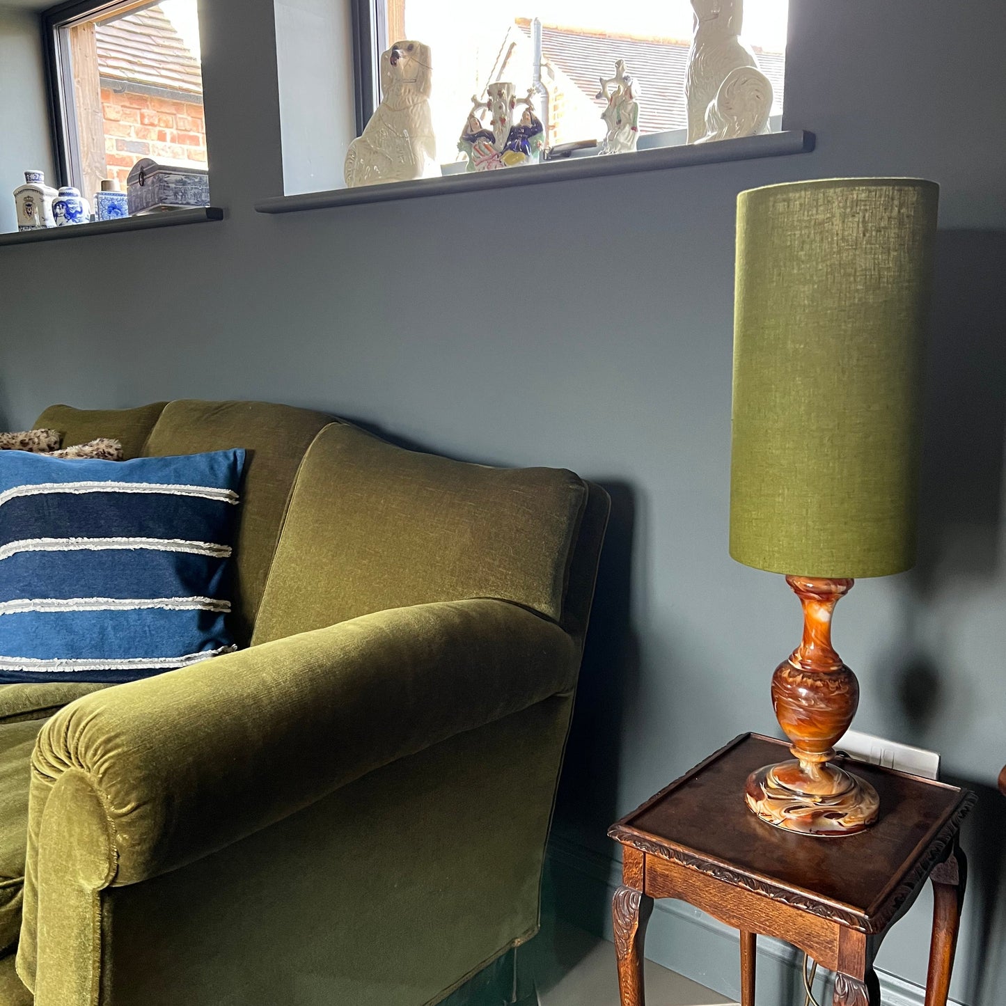 Olive Linen Lampshade | Extra Tall Cylinder Ceiling Light Shade | Bespoke Handmade UK