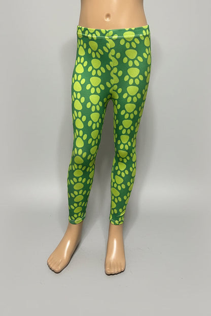 Girls green pawprint design full length leggings