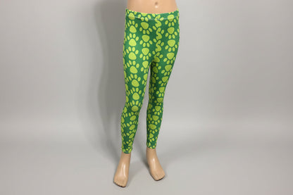 Girls green pawprint design full length leggings