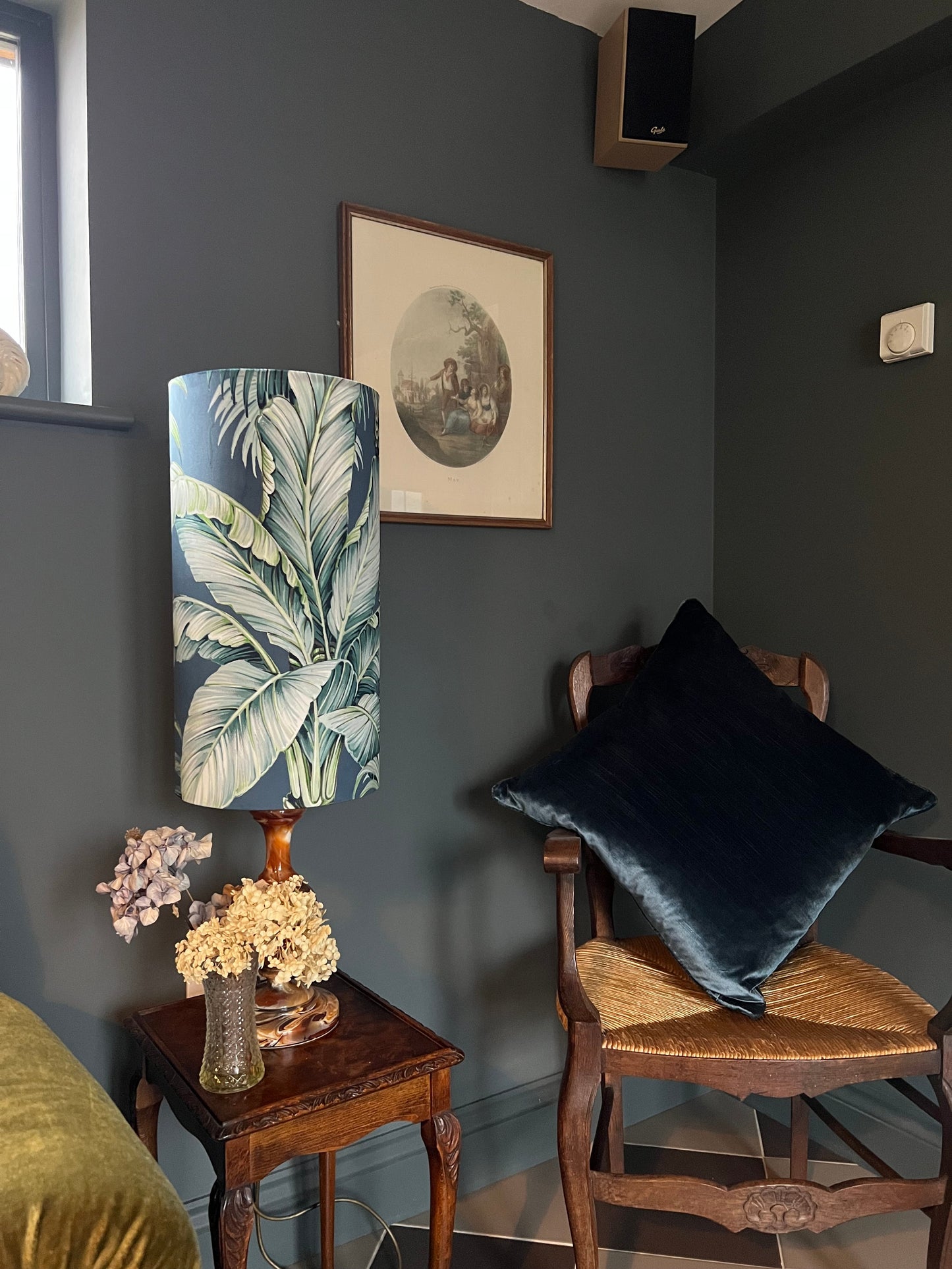 Tripura midnight Leaves Velvet cylinder lampshade, extra tall lampshade