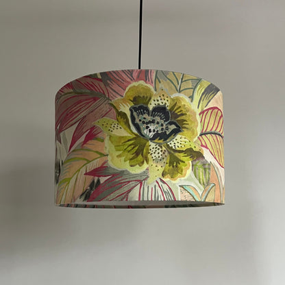 Floral pastel velvet, drum lampshade /ceiling shade with a white lining