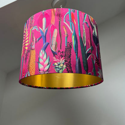 Cerise pink botanical velvet drum lampshade / ceiling shade, with a metallic brushed gold lining