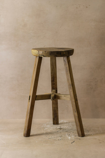 Vintage Rustic Elm Wood Stool - Round - No 42