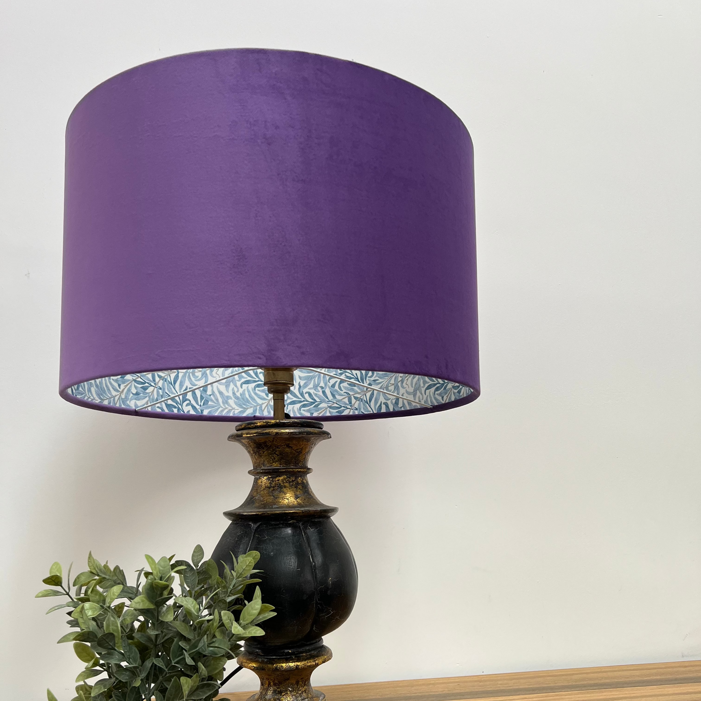 Purple Velvet & William Morris Blue Willow Leaves Double Sided Drum Lampshade | Handmade Ceiling Light Shade | Bespoke UK
