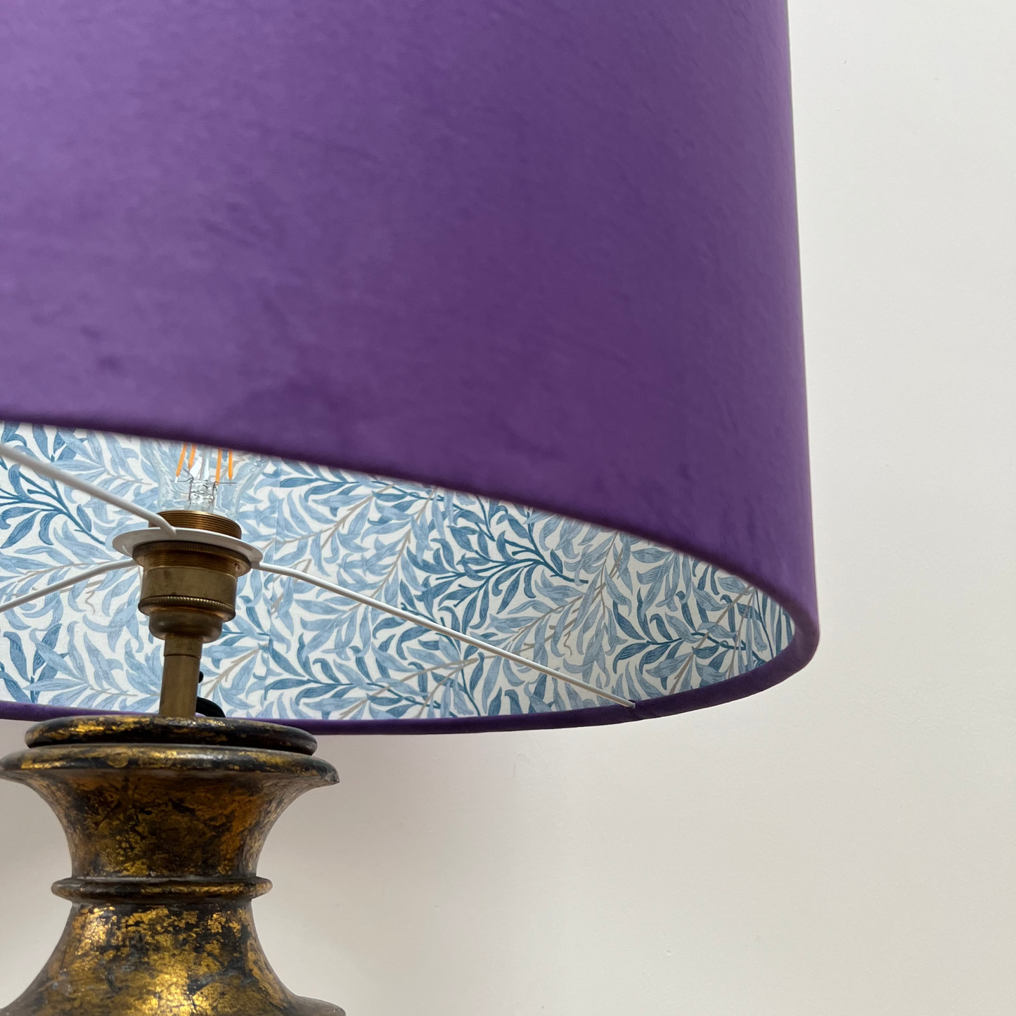 Purple Velvet & William Morris Blue Willow Leaves Double Sided Drum Lampshade | Handmade Ceiling Light Shade | Bespoke UK